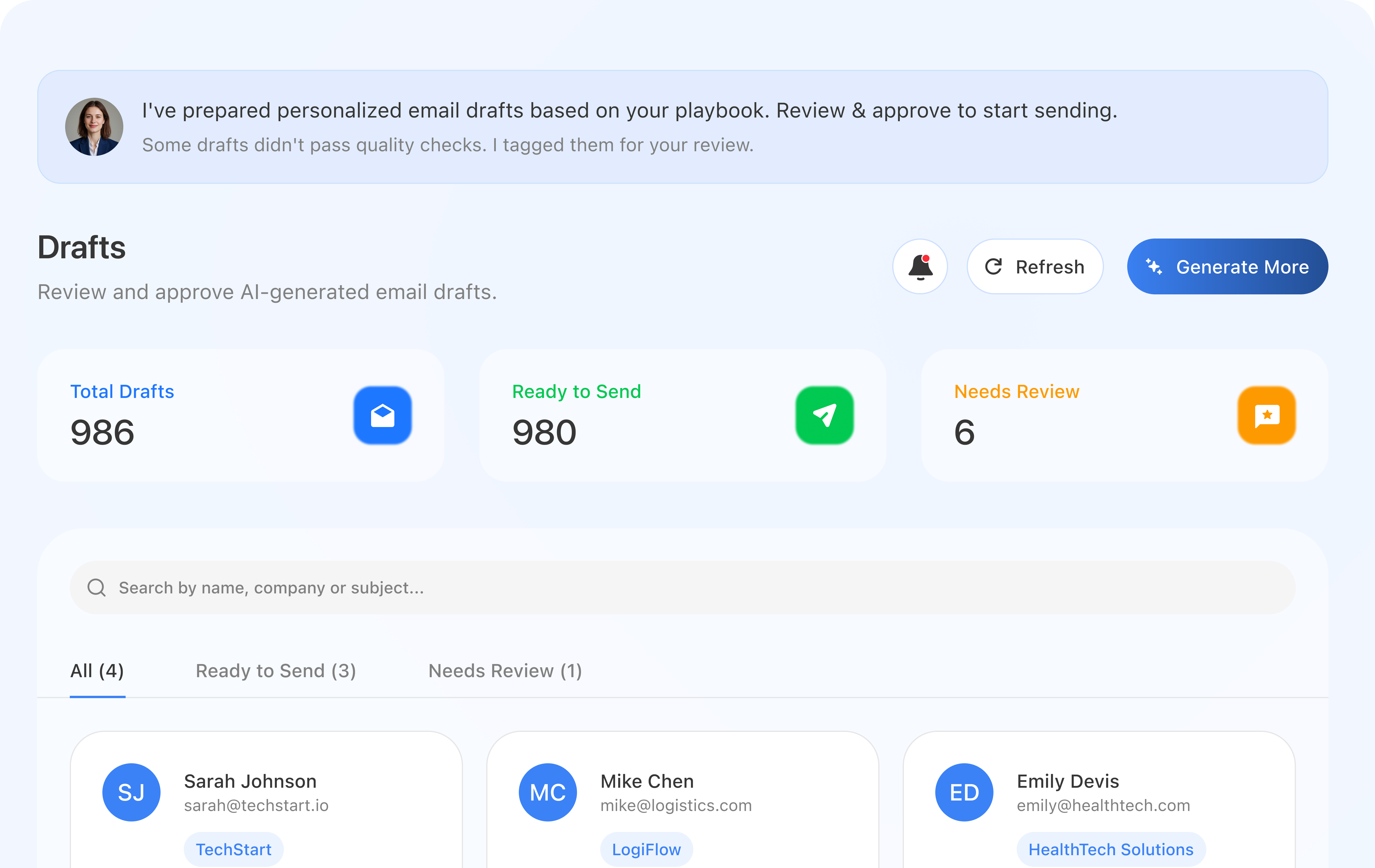 Personalized Outreach - Drafts interface showing total drafts, ready to send, and needs review